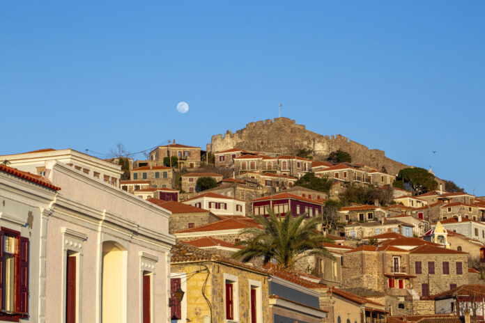 Traditional Greece. Lesvos island, view of town Molyvos (Mithymna) with old castle above